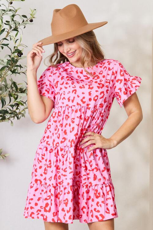 Double Take Short Flounce Sleeve Tiered Polyester Dress - Opaque, Leopard and Floral Print