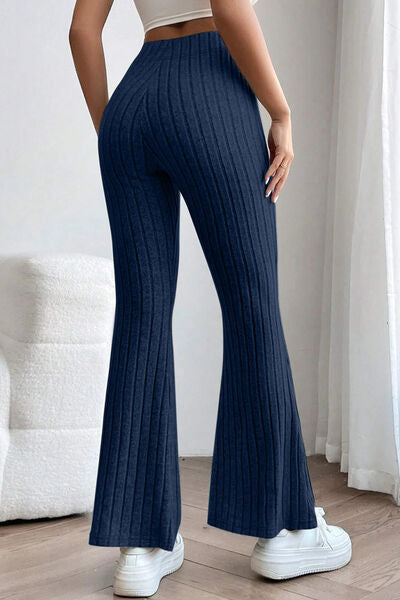 Sleek Full Size Ribbed High Waist Flare Pants - Polyester Elastane Blend