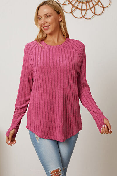 Women Full Size Ribbed Top Thumbhole Long Sleeve T-Shirt - Blue, Pink, Red, Teal, Navy