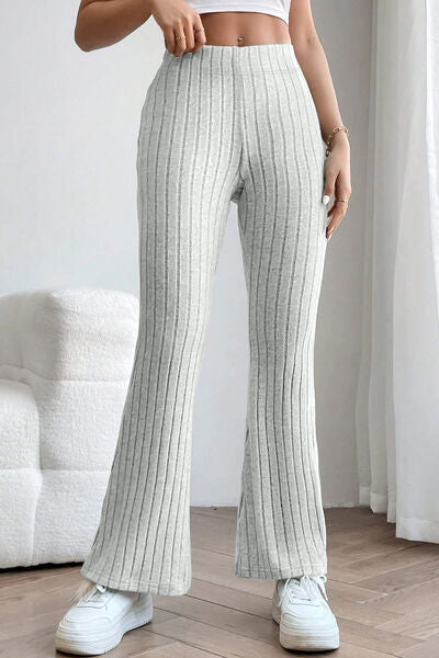 Sleek Full Size Ribbed High Waist Flare Pants - Polyester Elastane Blend