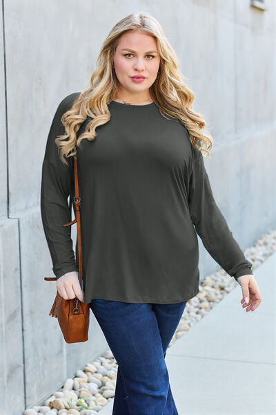 Full Size Round Neck Dropped Shoulder Long Sleeve Women T-Shirt - Green, Blue, Black, Charcoal