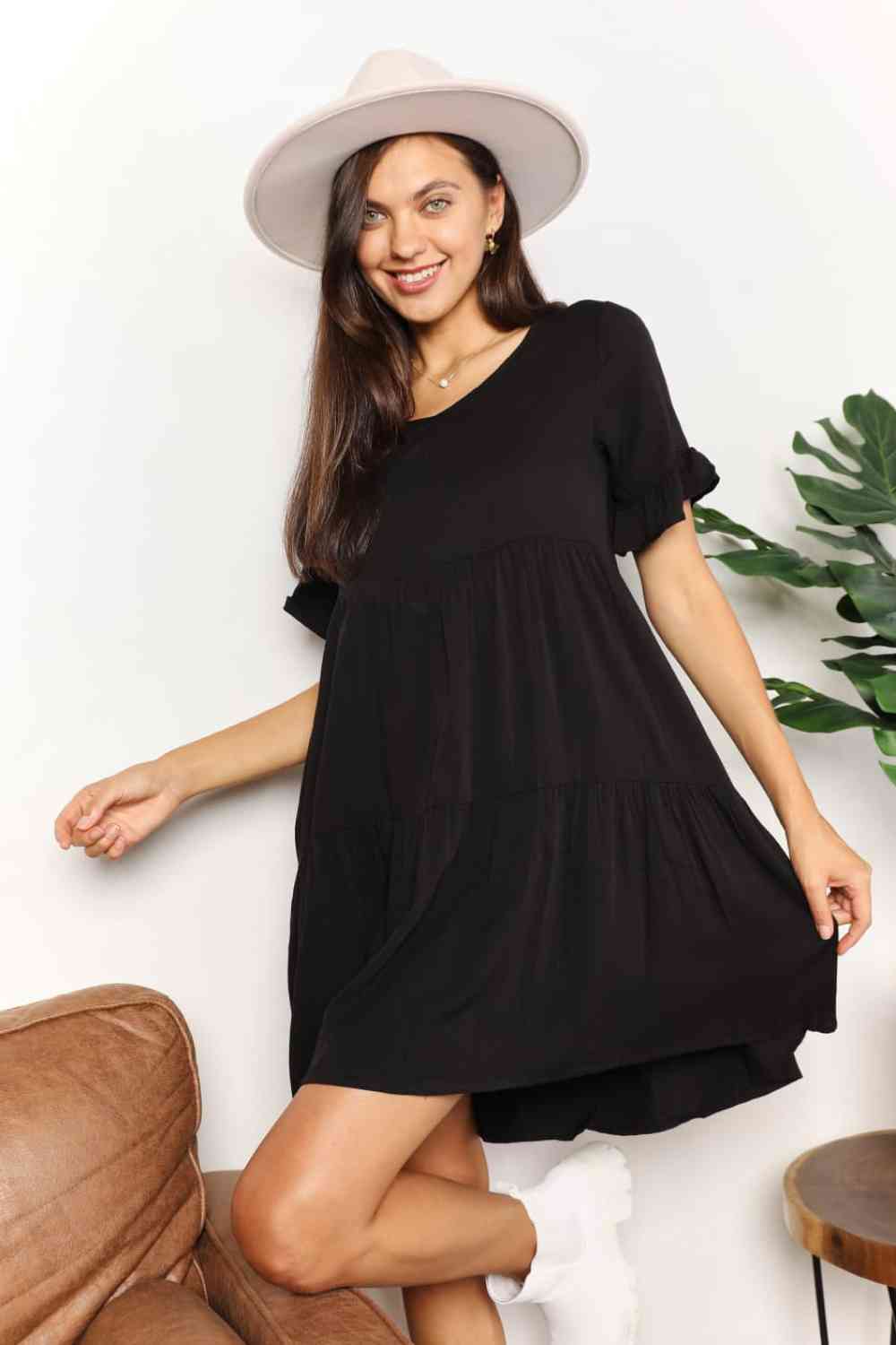 Women Double Take Ruffled V-Neck Flounce Sleeve Tiered Casual Mini Dress - Black