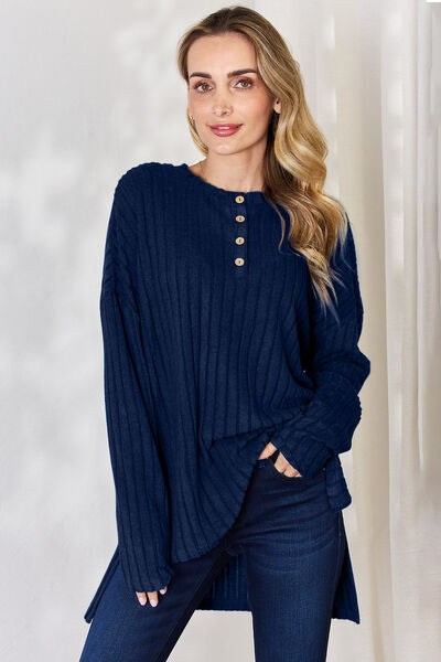 Full Size Ribbed Half Button Long Sleeve High-Low Women Top