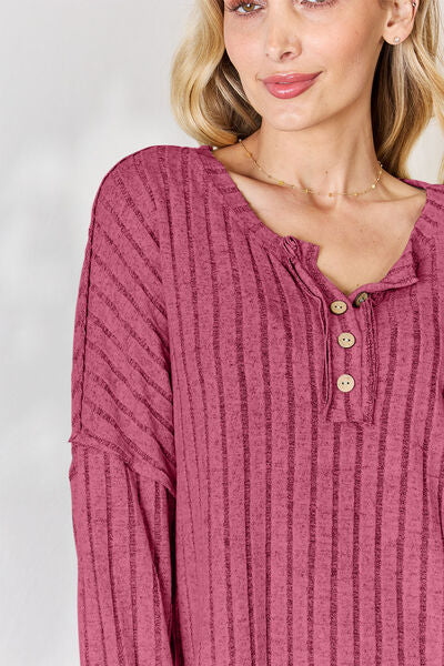 Full Size Ribbed Half Button Long Sleeve Women Top