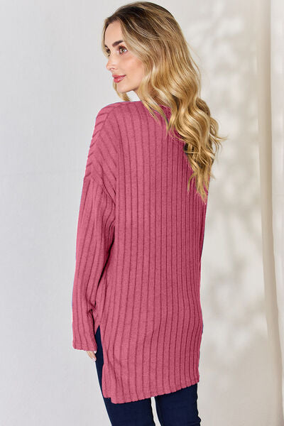 Full Size Ribbed Half Button Long Sleeve High-Low Women Top