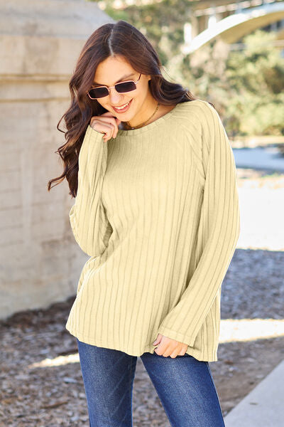 Women Full Size Ribbed Round Neck Long Sleeve Knit Top - Burgundy, Navy, Green, Pastel Yellow