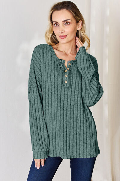 Full Size Ribbed Half Button Long Sleeve Women Top