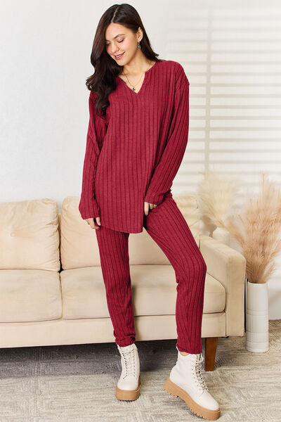 Full Size Women Notched Long Sleeve Black and Red Top and Pants Set