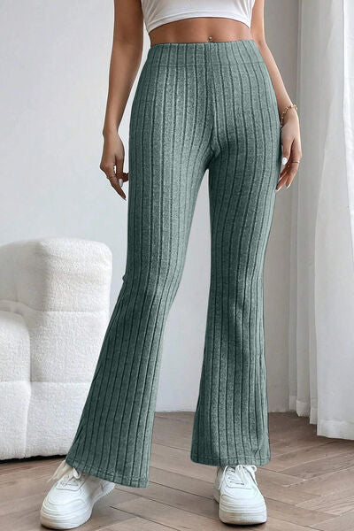 Sleek Full Size Ribbed High Waist Flare Pants - Polyester Elastane Blend