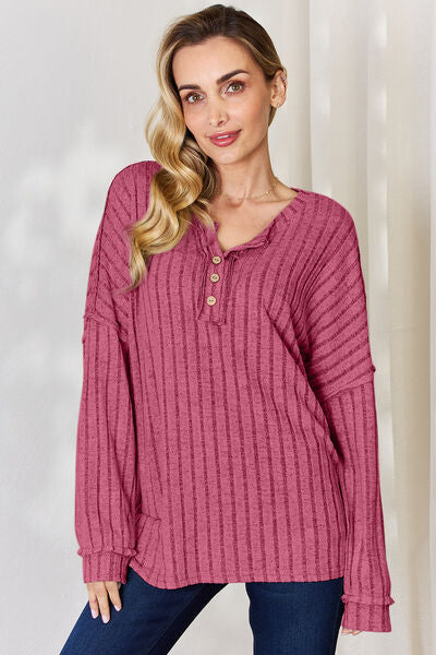 Full Size Ribbed Half Button Long Sleeve Women Top