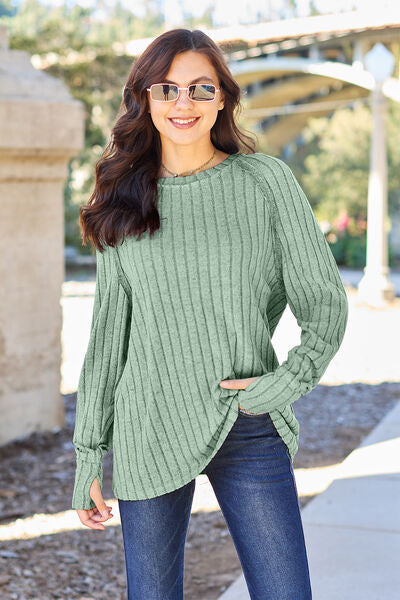 Women Full Size Ribbed Round Neck Long Sleeve Knit Top - Blue, Tan, Light Green, Brick Red, Black