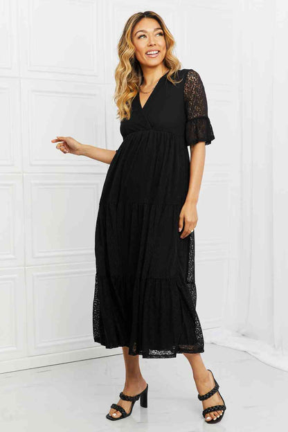 Women Casual Midi Flounce Lace Sleeves Midi Dress See Through Full Size Tiered - Black