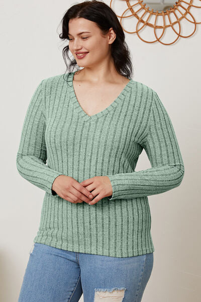 Women Full Size Ribbed V-Neck Casual Long Sleeve T-Shirt - Gum Leaf, Teal, Navy, Green, Pink