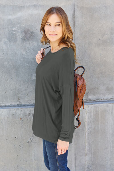 Full Size Round Neck Dropped Shoulder Long Sleeve Women T-Shirt - Green, Blue, Black, Charcoal