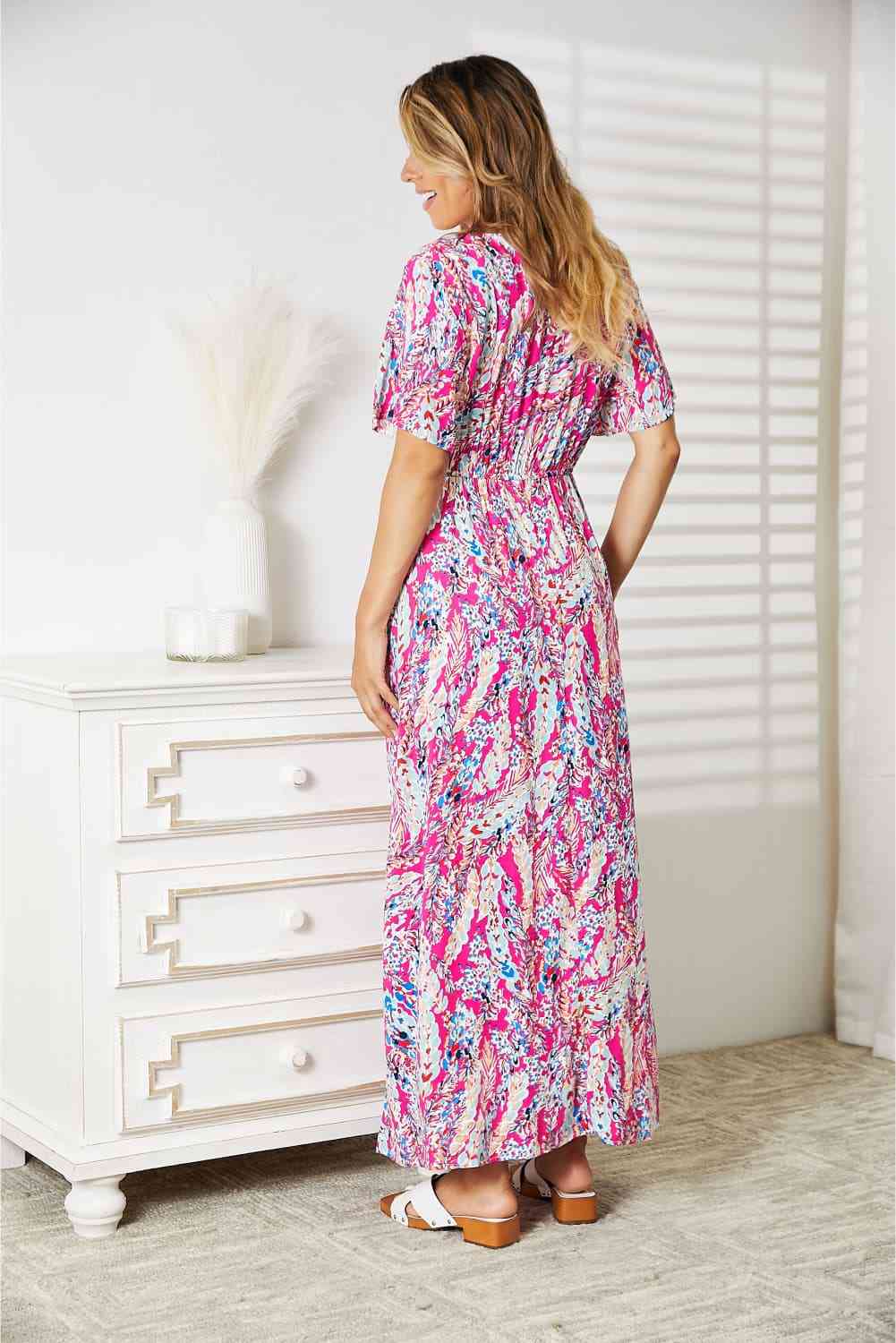 Double Take Multicolored Short Sleeves V-Neck Women Maxi Dress -  Pink