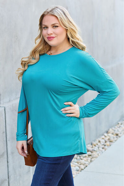 Full Size Round Neck Dropped Shoulder Long Sleeve Women T-Shirt - Green, Blue, Black, Charcoal