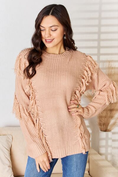 Women Casual Tassel Detail Long Sleeve Dusty Pink Sweater