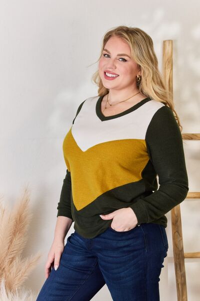 Hailey & Co Full Size Colorblock V-Neck Blouse