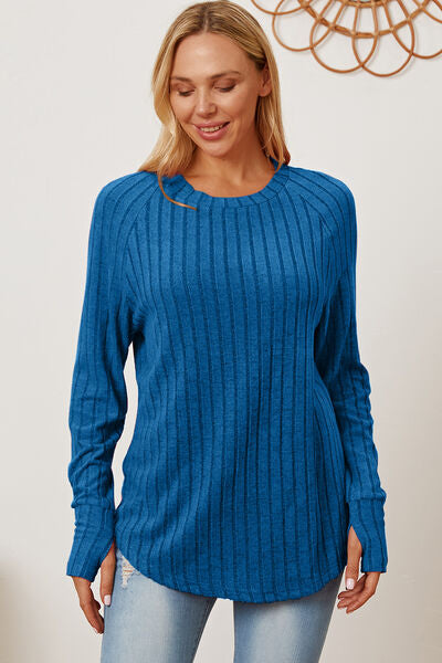 Women Full Size Ribbed Top Thumbhole Long Sleeve T-Shirt - Blue, Pink, Red, Teal, Navy