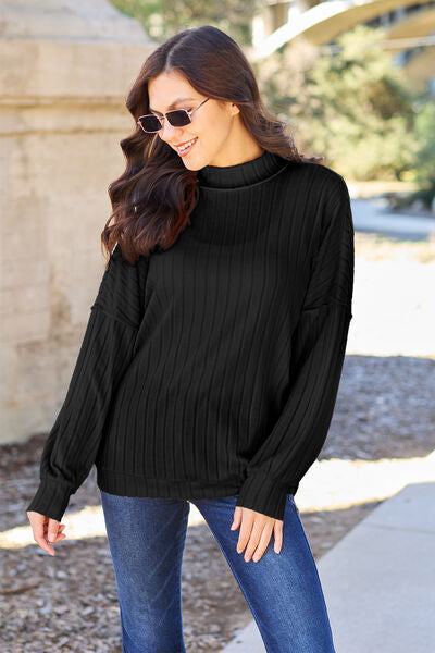 Full Size Ribbed Exposed Seam Mock Neck Knit Women Top