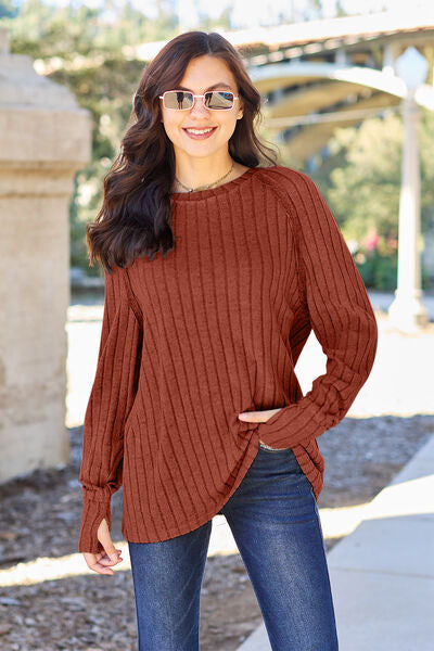 Women Full Size Ribbed Round Neck Long Sleeve Knit Top - Blue, Tan, Light Green, Brick Red, Black