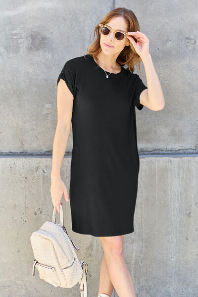 Women Full Size Round Neck Short Sleeve Dress with Pockets Taupe, Heather Grey, Camel, Moss, Black