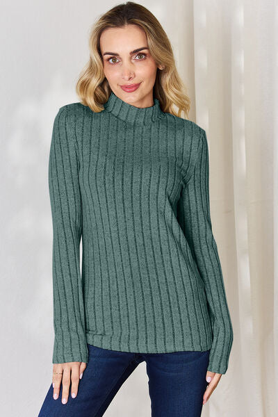 Elegant Full Size Ribbed Mock Neck Long Sleeve T-Shirt - Comfort Stretch