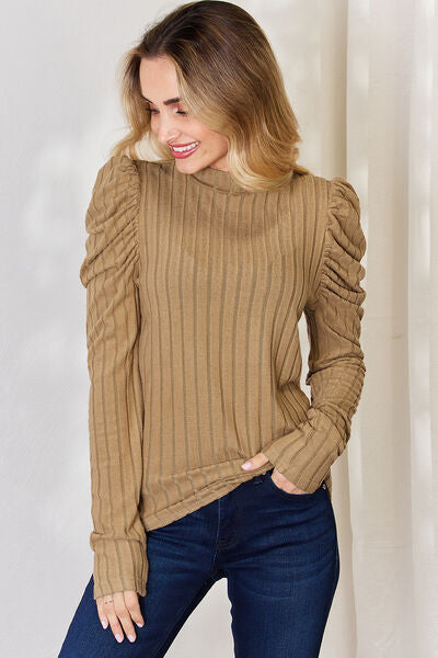 Chic Full Size Ribbed Mock Neck Puff Sleeve T-Shirt - Elegant Ruched Design