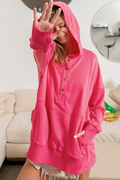 Slightly Stretchy Cozy Half Snap Thumbhole Long Sleeve Hoodie for Women - Fuchsia