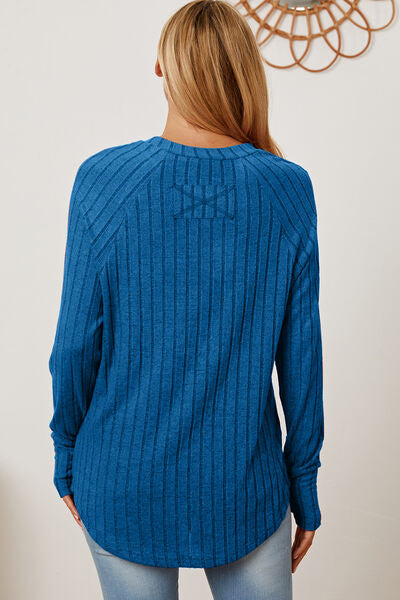 Women Full Size Ribbed Top Thumbhole Long Sleeve T-Shirt - Blue, Pink, Red, Teal, Navy