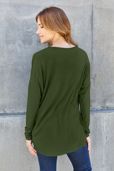 Full Size Round Neck Dropped Shoulder Long Sleeve Women T-Shirt - Green, Blue, Black, Charcoal