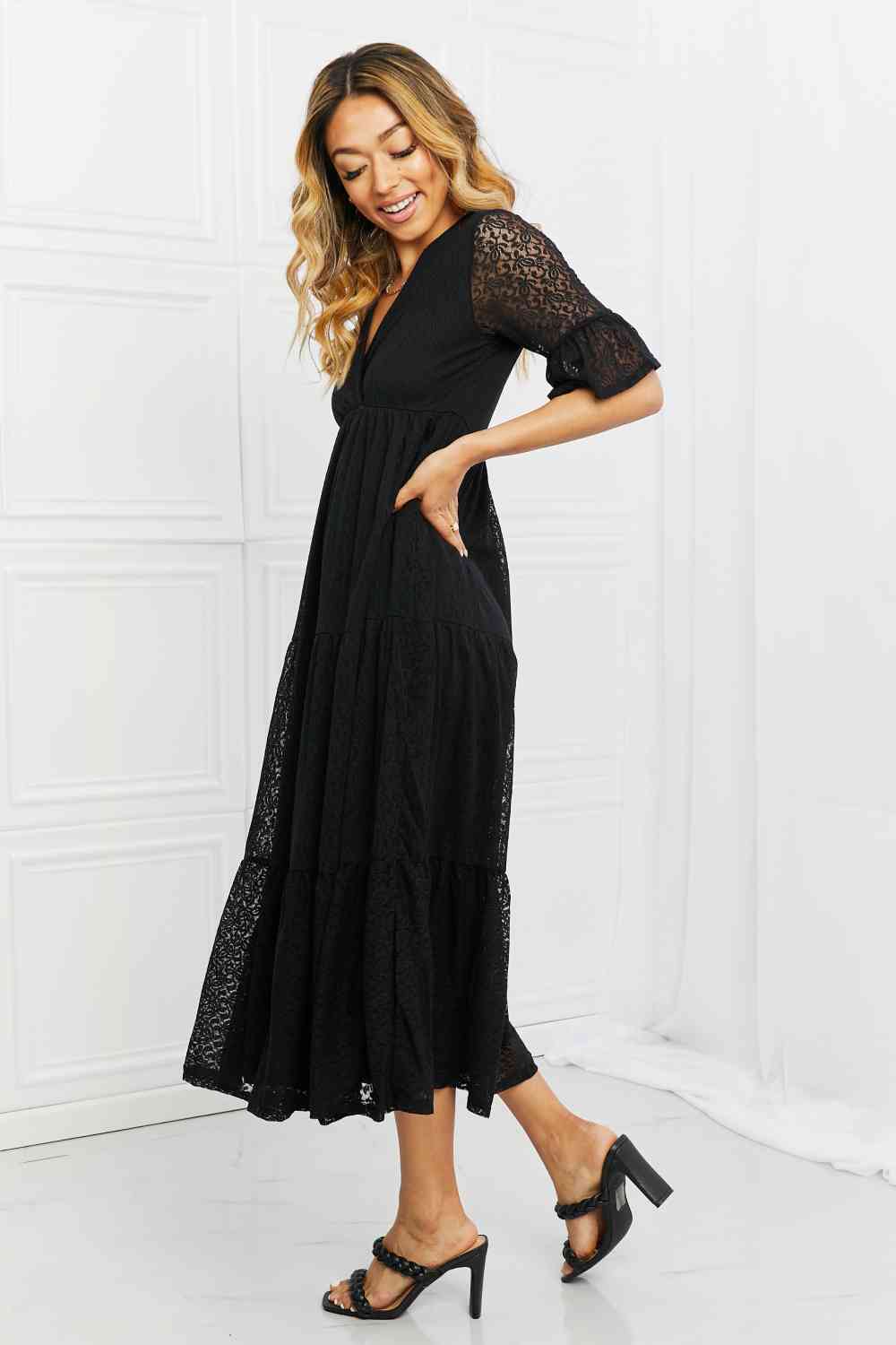 Women Casual Midi Flounce Lace Sleeves Midi Dress See Through Full Size Tiered - Black