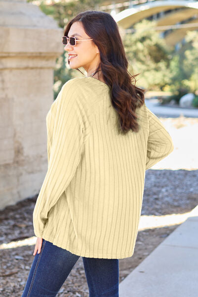 Women Full Size Ribbed Round Neck Long Sleeve Knit Top - Burgundy, Navy, Green, Pastel Yellow