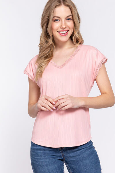 Women Lace Trim V-Neck Short Lace Sleeve Ribbed Pink Top