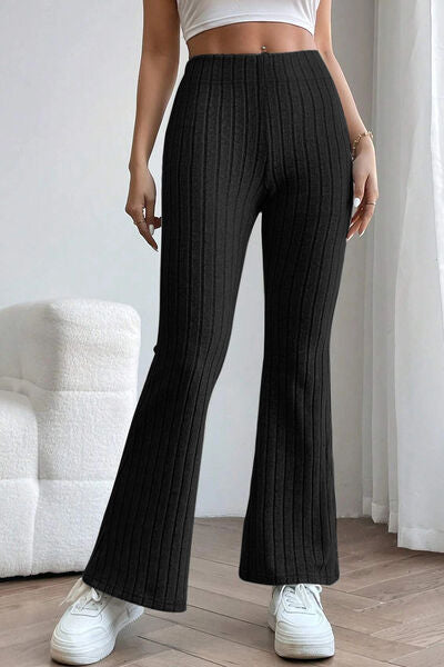 Sleek Full Size Ribbed High Waist Flare Pants - Polyester Elastane Blend