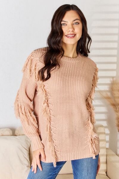 Women Casual Tassel Detail Long Sleeve Dusty Pink Sweater