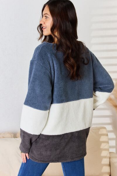 Culture Code Synthetic Fur Color Block V-Neck Sweater