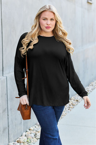 Full Size Round Neck Dropped Shoulder Long Sleeve Women T-Shirt - Green, Blue, Black, Charcoal