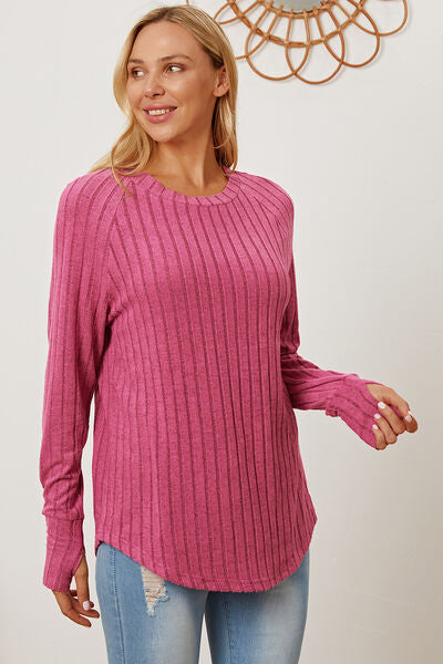 Women Full Size Ribbed Top Thumbhole Long Sleeve T-Shirt - Blue, Pink, Red, Teal, Navy