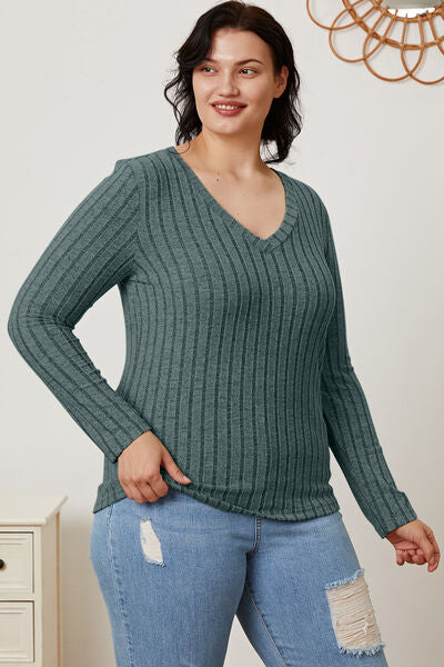 Women Full Size Ribbed V-Neck Casual Long Sleeve T-Shirt - Gum Leaf, Teal, Navy, Green, Pink