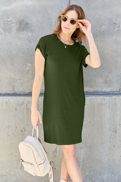 Women Full Size Round Neck Short Sleeve Dress with Pockets Taupe, Heather Grey, Camel, Moss, Black