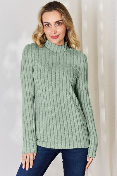 Elegant Full Size Ribbed Mock Neck Long Sleeve T-Shirt - Comfort Stretch