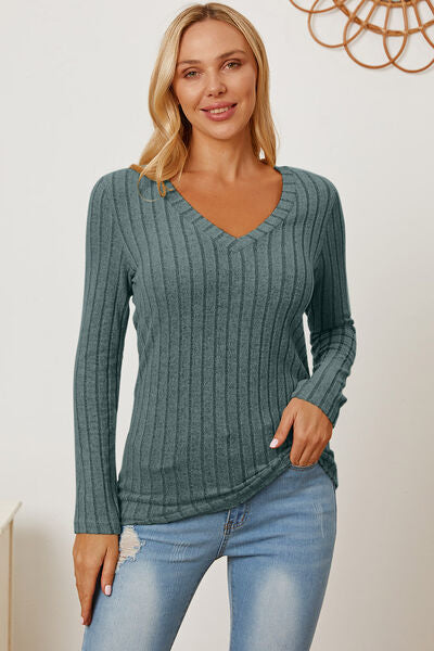 Women Full Size Ribbed V-Neck Casual Long Sleeve T-Shirt - Gum Leaf, Teal, Navy, Green, Pink