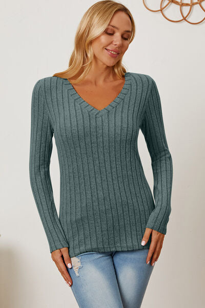 Women Full Size Ribbed V-Neck Casual Long Sleeve T-Shirt - Gum Leaf, Teal, Navy, Green, Pink