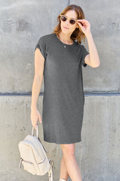 Women Full Size Round Neck Short Sleeve Dress with Pockets Taupe, Heather Grey, Camel, Moss, Black