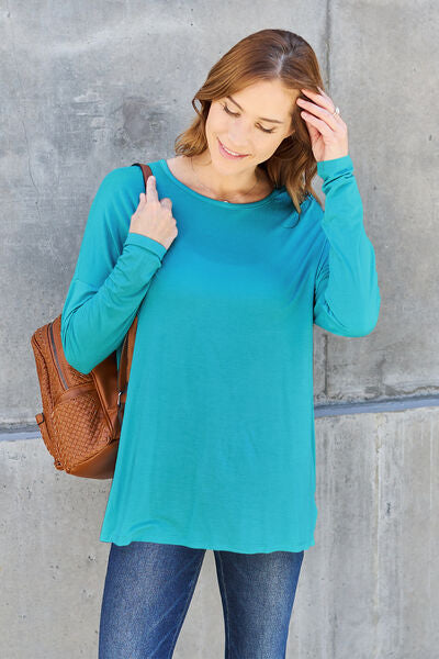 Full Size Round Neck Dropped Shoulder Long Sleeve Women T-Shirt - Green, Blue, Black, Charcoal