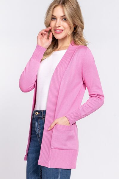 Women Ribbed Trim Stretchy Open Front Pocketed Pink Cardigan