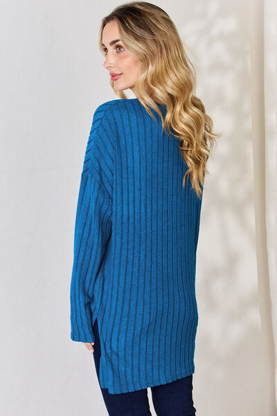 Full Size Ribbed Half Button Long Sleeve High-Low Women Top