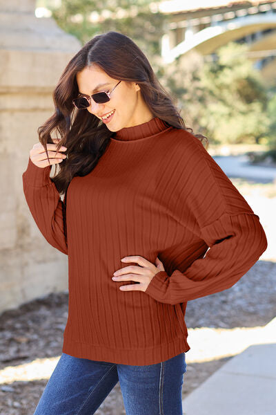 Full Size Ribbed Exposed Seam Mock Neck Knit Women Top