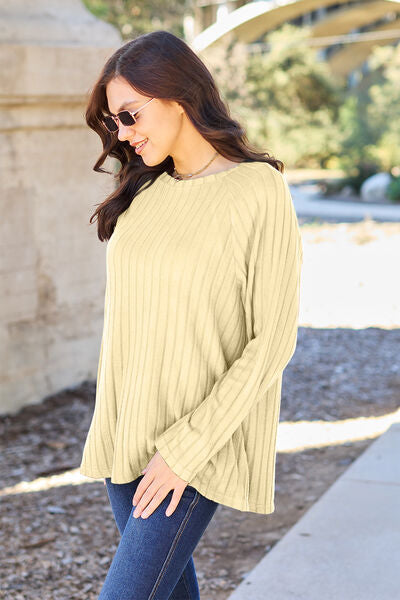 Women Full Size Ribbed Round Neck Long Sleeve Knit Top - Burgundy, Navy, Green, Pastel Yellow